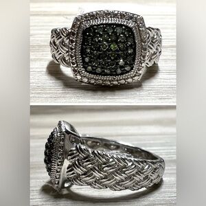 Designer Signed (JS) Sterling Silver Green Pave Diamond Ring, Size 7, 6.9g